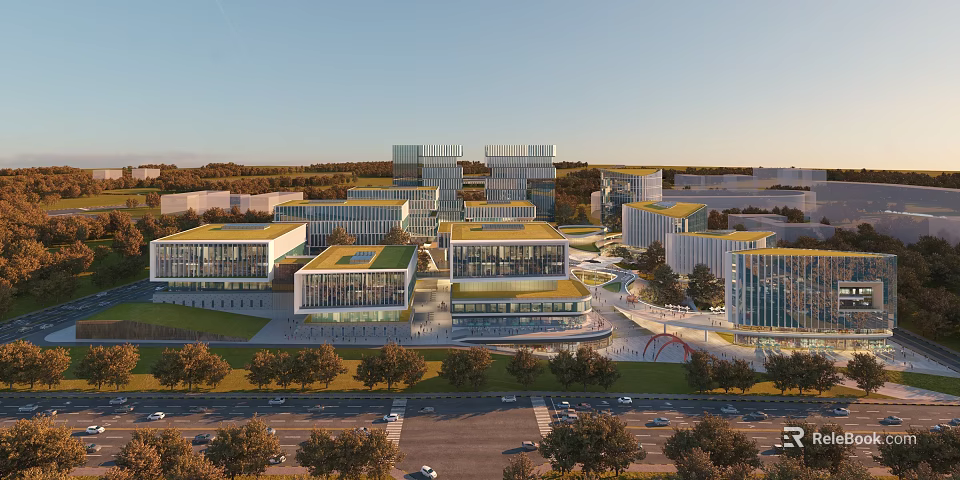 Modern Office Building Complex Featuring Green Roofs Glass Curtain Walls Trees Roads and Sunset Scenery 3d model 