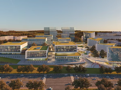 Modern Office Building Complex Featuring Green Roofs Glass Curtain Walls Trees Roads and Sunset Scenery 3d model