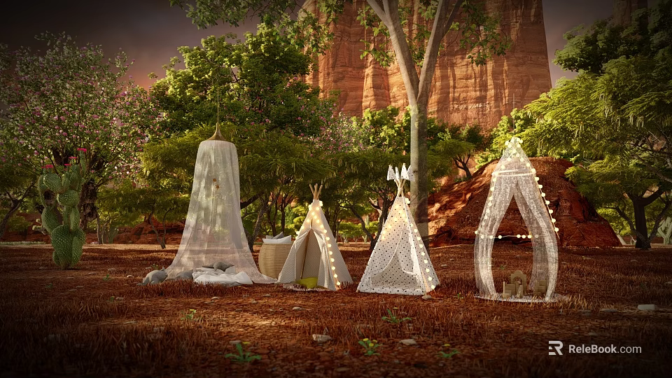 Scenic Camping Campsite with Various Tents String Lights Lush Trees and Red Rock Backdrop 3d model 