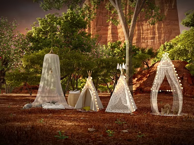 Scenic Camping Campsite with Various Tents String Lights Lush Trees and Red Rock Backdrop 3d model