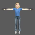 Woman in blue striped T-shirt and blue jeans with arms outstretched against gray background