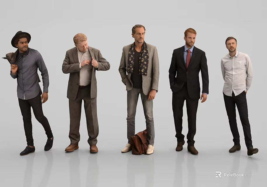 Group of Five Men Standing in Various Stylish Outfits Against Neutral Background 3d model 