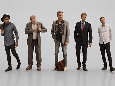 Group of Five Men Standing in Various Stylish Outfits Against Neutral Background 3d model