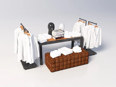 Clothing Display Shelves With Hanging White Garments Folded Clothes And Brown Padded Table 3d model