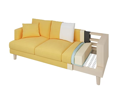 Yellow Three-Seater Sofa With Wooden Frame Yellow White Cushions And Modern Design 3d model