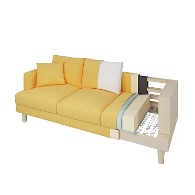 Yellow Three-Seater Sofa With Wooden Frame Yellow White Cushions And Modern Design 3d model