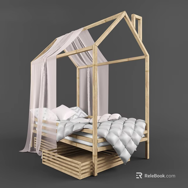 House Shaped Wooden Children's Bed With White Canopy Curtains Pillows And Gray Quilt 3d model 