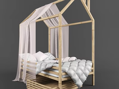 House Shaped Wooden Children's Bed With White Canopy Curtains Pillows And Gray Quilt 3d model
