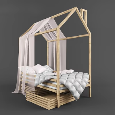 House Shaped Wooden Children's Bed With White Canopy Curtains Pillows And Gray Quilt 3d model