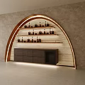Hotel Lobby Interior With Arched Display Shelf Bottles Dark Cabinet And Lighting