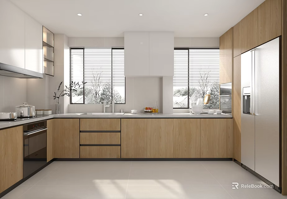 Modern Kitchen Interior With Wooden Cabinets White Countertop Windows And Appliances 3d model 