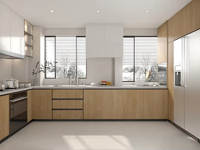 Modern Kitchen Interior With Wooden Cabinets White Countertop Windows And Appliances 3d model