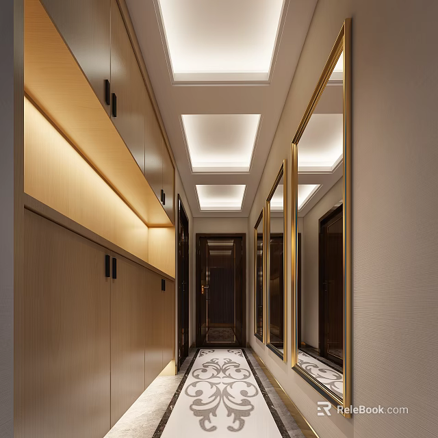Modern Elevator Hallway Design With Wooden Cabinetry Gold Framed Mirrors And Recessed Lighting 3d model 