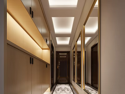 Modern Elevator Hallway Design With Wooden Cabinetry Gold Framed Mirrors And Recessed Lighting 3d model