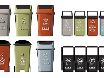 Public Facilities Colorful Trash Bins for Waste Sorting with Recycling Signs 3d model