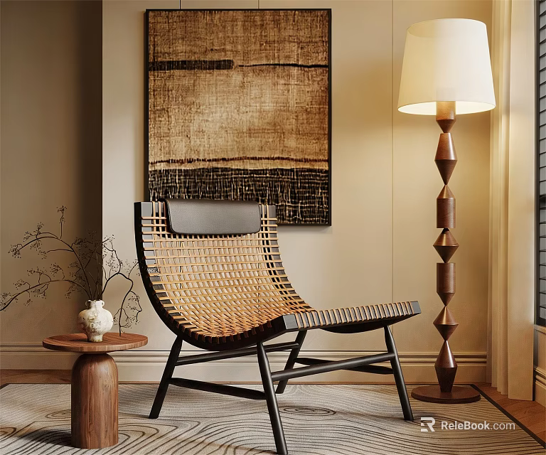 Wicker Design Black Frame Accent Leisure Chair with Floor Lamp Wall Art and Side Table 3d model 