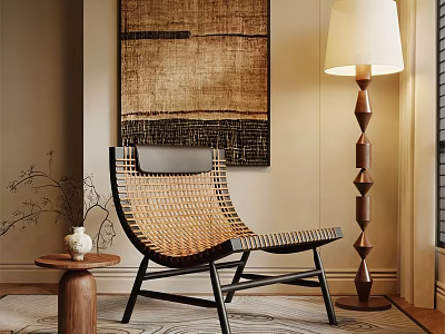 Wicker Design Black Frame Accent Leisure Chair with Floor Lamp Wall Art and Side Table 3d model