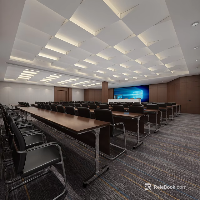 Modern Conference Room Interior With Long Tables Black Chairs Large Screen And Ceiling Design 3d model 