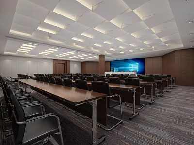 Modern Conference Room Interior With Long Tables Black Chairs Large Screen And Ceiling Design 3d model