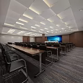 Modern Conference Room Interior With Long Tables Black Chairs Large Screen And Ceiling Design
