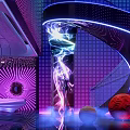 KTV Lounge Interior With Illuminated Moon Purple Blue Lighting And Radial Neon Lines
