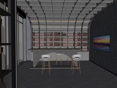 Modern Bar Interior With Wine Shelves Bar Stools And Decorative Painting 3d model
