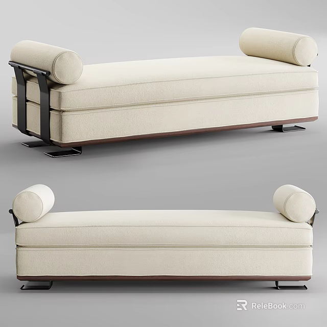 Modern Cream Colored Sofa Bench With Rounded Armrests And Black Metal Legs 3d model 