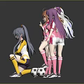 Anime Characters In Pink Sports Outfits With Colorful Hair Holding Soccer Balls And Dynamic Poses