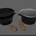 Black Outdoor Cooking Cookware Set With Mesh Lid Grill Pan And Wooden Logs
