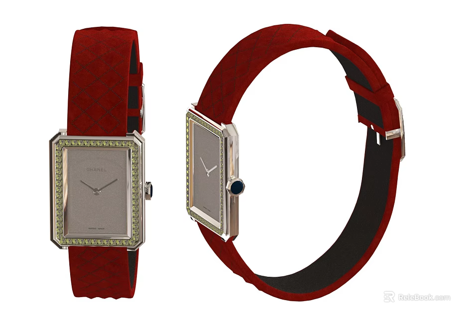 Elegant Square Dial Watches With Red Leather Strap And Decorative Bezel 3d model