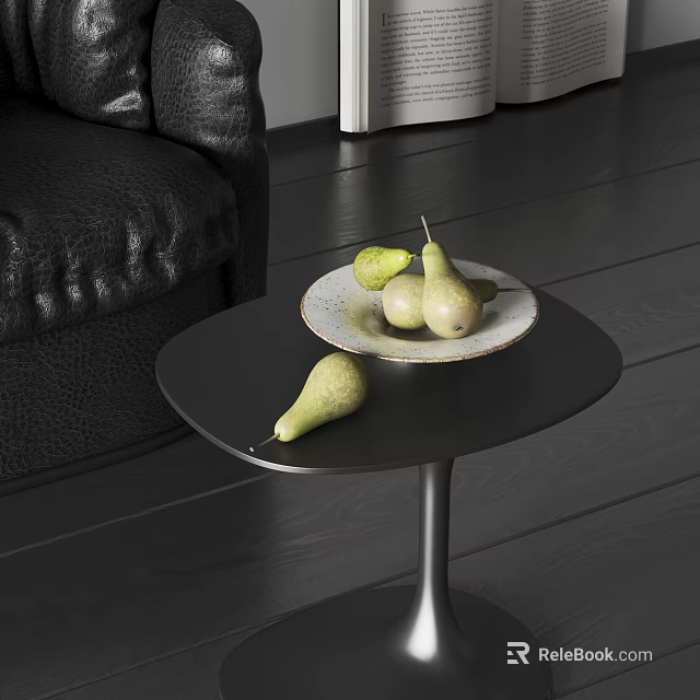 White Patterned Ceramic Plate With Pears On Black Round Side Table In Living Room 3d model