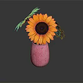 Pink Vase With Bright Yellow Sunflowers And Dark Center On Dark Background