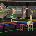 Wooden Bar Counter With Pendant Lights Flame Screen Wall Sign And Woman Sitting On Stools