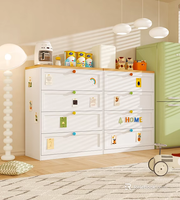 White Home Dresser With Multiple Drawers Colorful Stickers And Knobs 3d model 