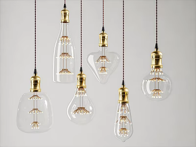 Hanging Vintage Pendant Lights With Various Shapes Transparent Glass Bulbs And Gold Accents 3d model
