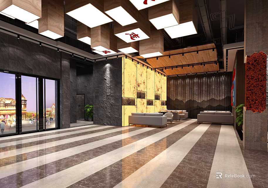 Modern Hotel Lobby Interior Design With Striped Marble Flooring Wooden Ceiling And Sofa Area 3d model 