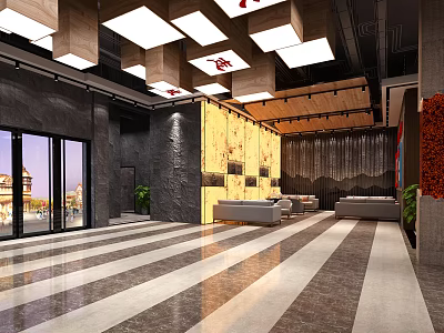 Modern Hotel Lobby Interior Design With Striped Marble Flooring Wooden Ceiling And Sofa Area 3d model