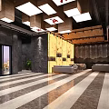 Modern Hotel Lobby Interior Design With Striped Marble Flooring Wooden Ceiling And Sofa Area