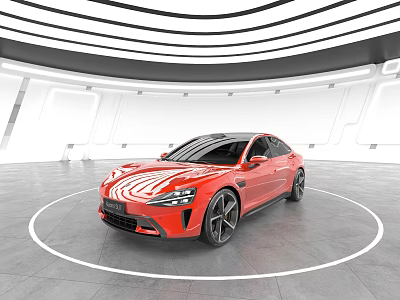 Red Sports Car With Aerodynamic Design In Modern Showroom Interior Space 3d model
