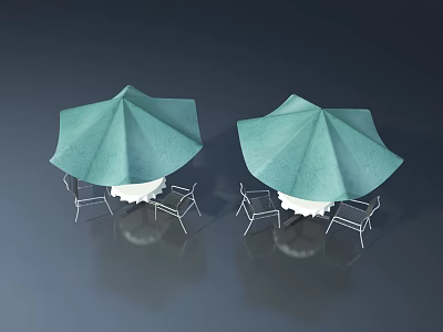 Light Green Umbrella Outdoor Furniture Set With White Tables And Metal Chairs 3d model