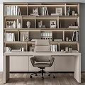 Modern Office Desk With Bookshelf Behind Books Files Decorative Sculptures Warm Lighting And Ergonomic Chair
