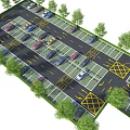 Eco Friendly Parking Lot With Landscaped Trees Parked Vehicles And Marked Spaces