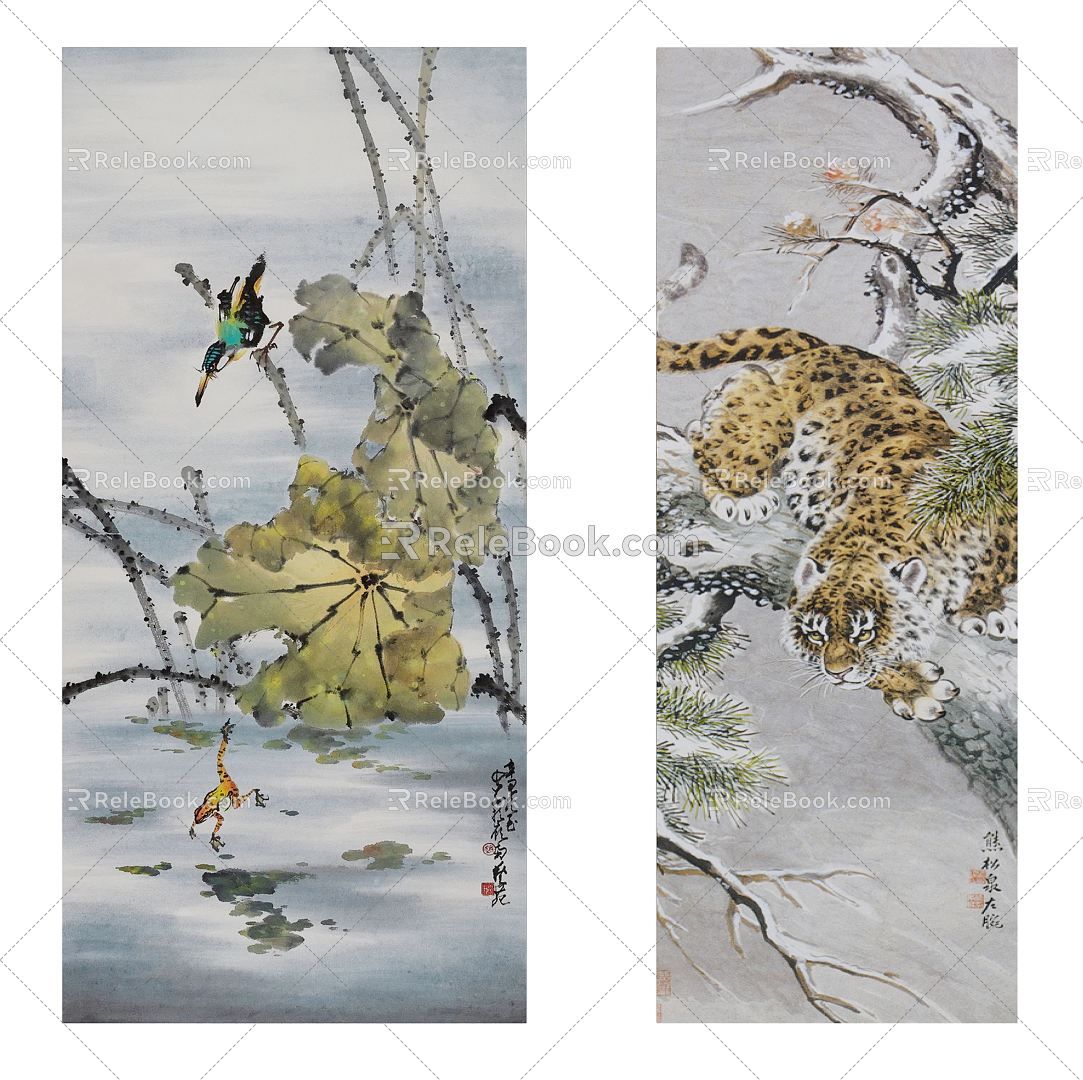 Chinese Plant Painting Traditional Classic Flower Bird Leopard Pattern Hanging Painting Combination 3d model