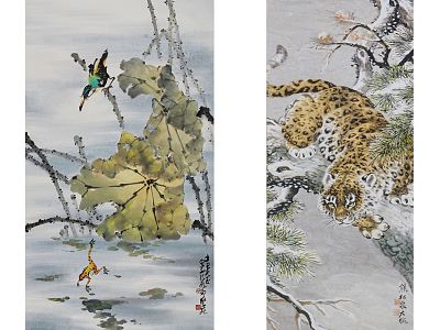 Chinese Plant Painting Traditional Classic Flower Bird Leopard Pattern Hanging Painting Combination model