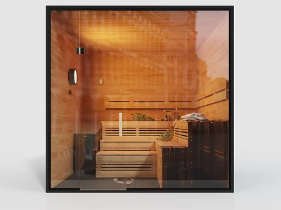 Modern Shower Sauna Interior Design With Wooden Seats Warm Lighting And Plants 3d model