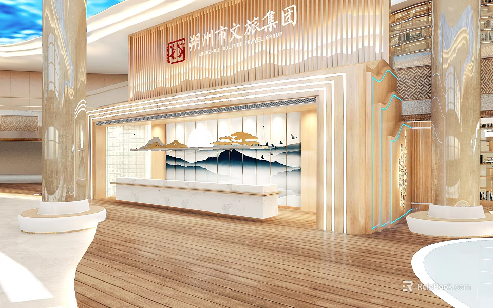 Hotel Lobby Interior with Elegant Lighting Wooden Decor Reception Desk and Mountain Water Pattern Wall 3d model 