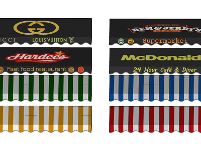 Colorful Striped Awnings with Brand Logos for Supermarket Fast Food and Cafe 3d model