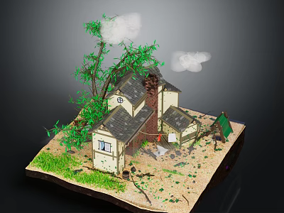 Rustic Cottage With Sloped Roof Chimney Windows And Green Trees On Dirt Ground 3d model