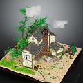 Rustic Cottage With Sloped Roof Chimney Windows And Green Trees On Dirt Ground
