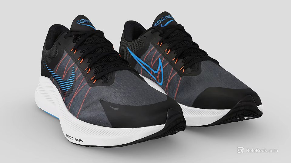 Black And Gray Running Shoes With Blue Orange Stripes And White Sole 3d model 